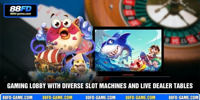Gaming lobby with diverse slot machines and live dealer tables